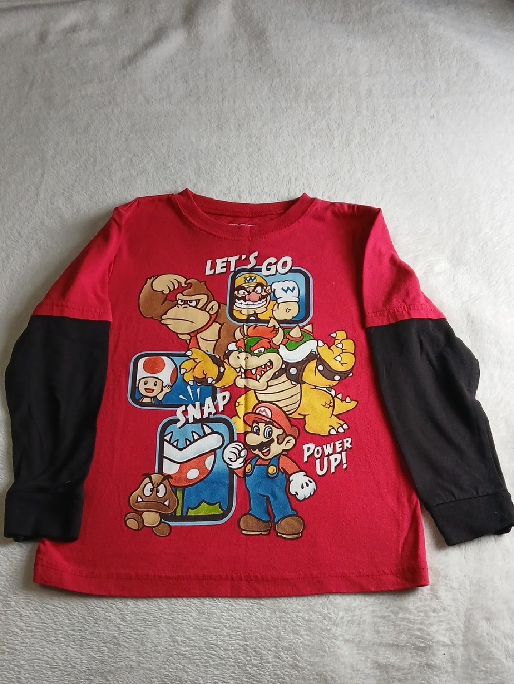 Red Super Mario Long Sleeve Tee with Black Sleeves - Kids